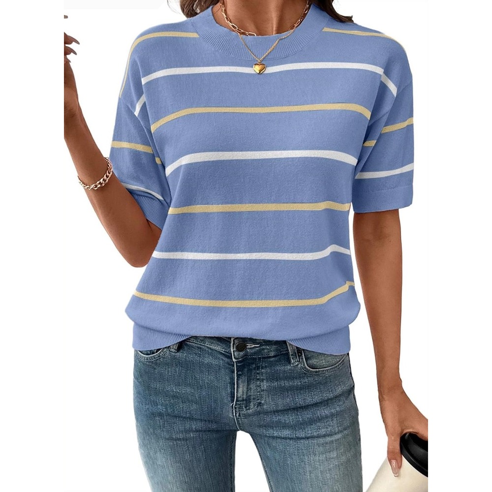 Womens XL Blue Striped Short Sleeve Crewneck Knit Sweater Pullover Top